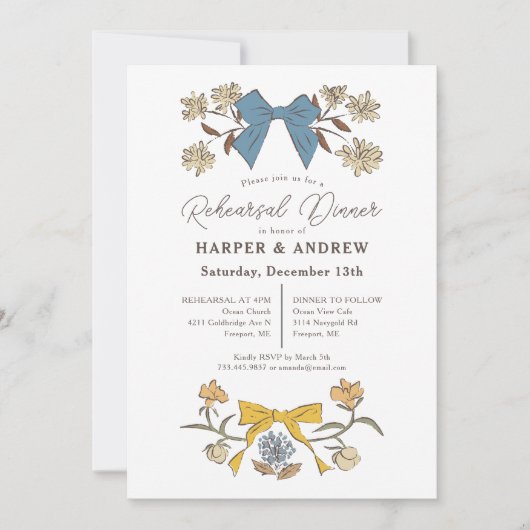 Blauw Gele Bogen Bloesem Huwelijk Repetitie Diner Kaart (Voorkant)