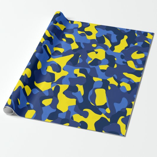 Blauw gele Camouflage printpatroon Cadeaupapier (Uitgerold)