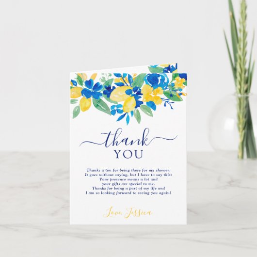 Blauw gele citroenen bloemige watercolor bruidsdou bedankkaart (Voorkant)