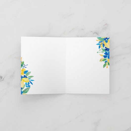 Blauw gele citroenen bloemige watercolor bruidsdou bedankkaart (Binnen)
