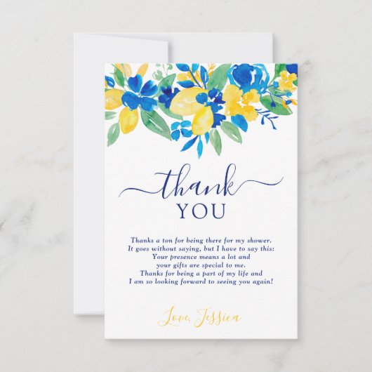 Blauw gele citroenen bloemige waterverf bruidsdouc bedankkaart (Voorkant)