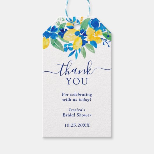 Blauw gele citroenen bloemrijke waterverf bruidsdo cadeaulabel (Voorkant)