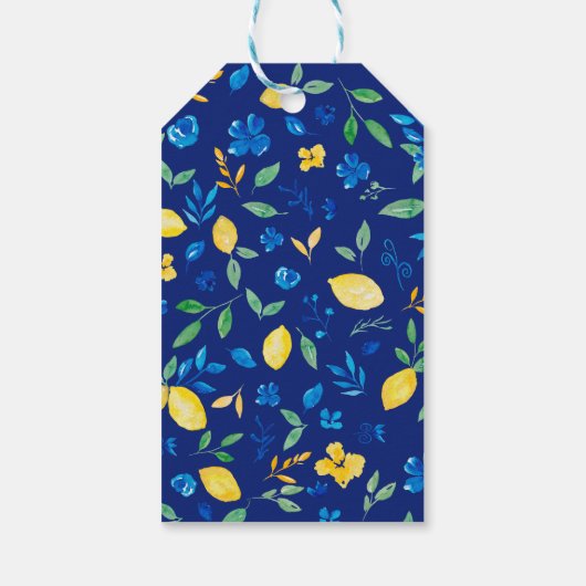 Blauw gele citroenen bloemrijke waterverf bruidsdo cadeaulabel (Achterkant)