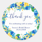 Blauw gele citroenen bloemrijke waterverf bruidsdo ronde sticker (Voorkant)