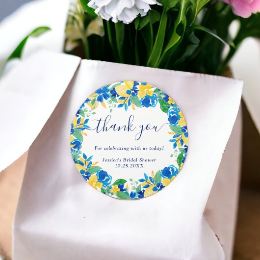 Blauw gele citroenen bloemrijke waterverf bruidsdo ronde sticker