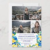 Blauw gele citroenen floral script foto afstuderen kaart (Achterkant)