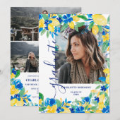 Blauw gele citroenen floral script foto afstuderen kaart (Voorkant / Achterkant)