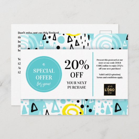 Blauw Gele Coupon Kortingkaart Abstracte Patronen Briefkaart (Voorkant / Achterkant)