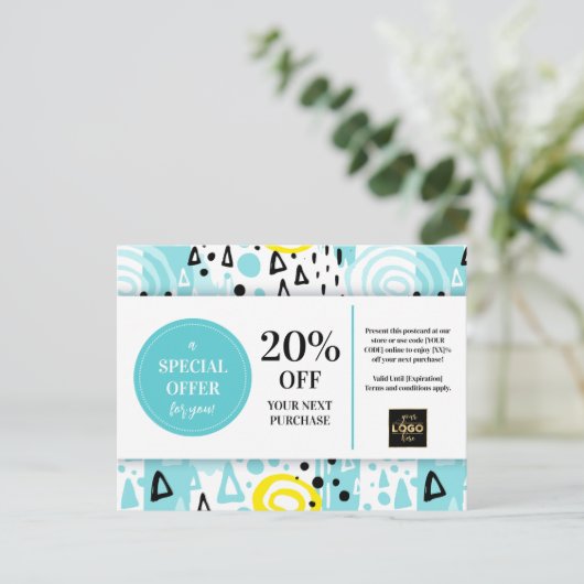 Blauw Gele Coupon Kortingkaart Abstracte Patronen Briefkaart (Staand voorkant)