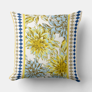 Blauw Gele Dahlia's met Patterned Trim Kussen