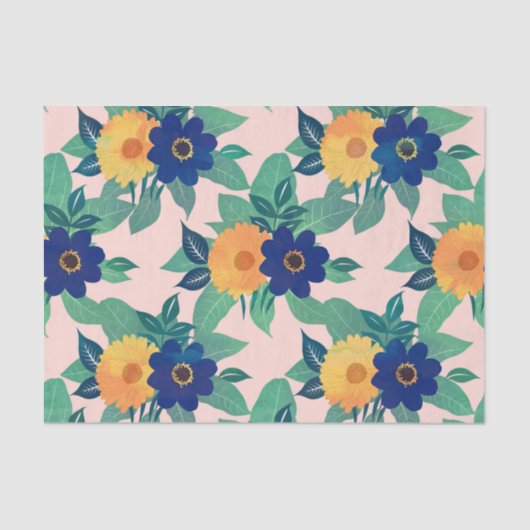 blauw gele florale en folieroze design tissuepapier (Voorkant)