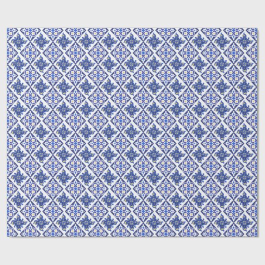 Blauw Gele Italiaanse Tegels Patroon Bruiloft Fees Cadeaupapier (Vlak)