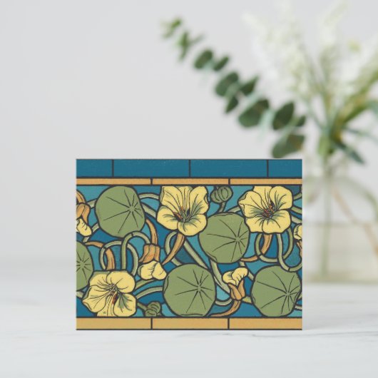 Blauw gele Nasturtium Flower Nouveau Pattern Briefkaart (Staand voorkant)
