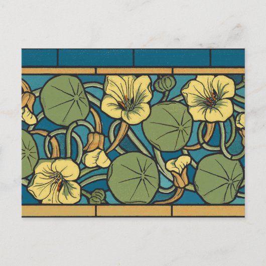 Blauw gele Nasturtium Flower Nouveau Pattern Briefkaart (Voorkant)