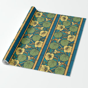Blauw gele Nasturtium Flower Nouveau Pattern Cadeaupapier