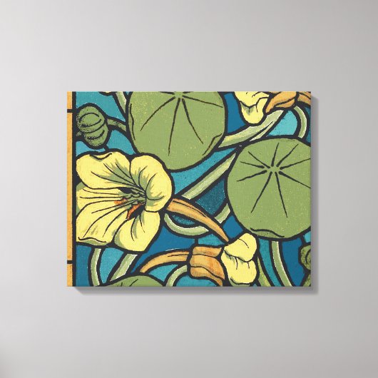 Blauw gele Nasturtium Flower Nouveau Pattern Canvas Afdruk (Voorkant)