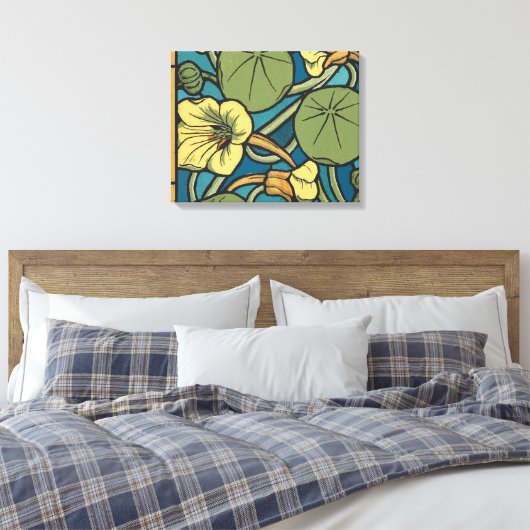 Blauw gele Nasturtium Flower Nouveau Pattern Canvas Afdruk (Insitu (Slaapkamer))