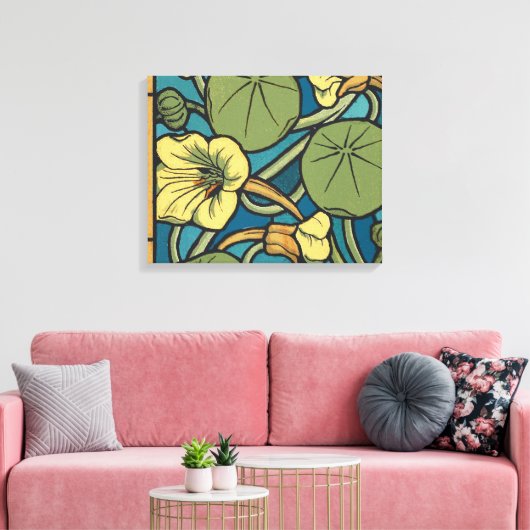 Blauw gele Nasturtium Flower Nouveau Pattern Canvas Afdruk (Insitu (Woonkamer))