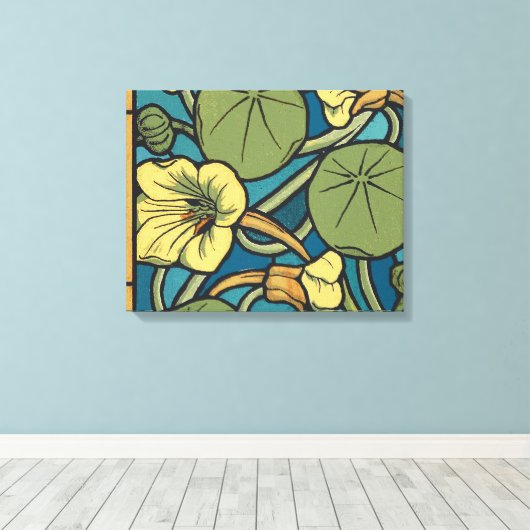 Blauw gele Nasturtium Flower Nouveau Pattern Canvas Afdruk (Insitu (Houten vloer))