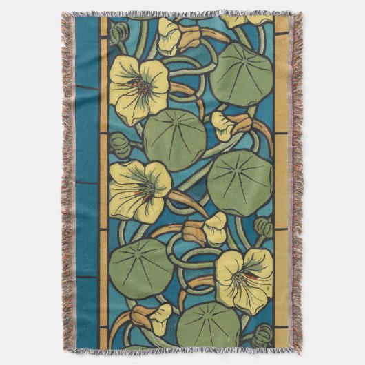Blauw gele Nasturtium Flower Nouveau Pattern Deken (Voorkant Verticaal)
