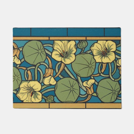 Blauw gele Nasturtium Flower Nouveau Pattern Deurmat (Voorkant)