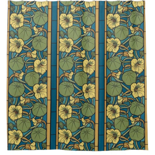 Blauw gele Nasturtium Flower Nouveau Pattern Douchegordijn (Voorkant)