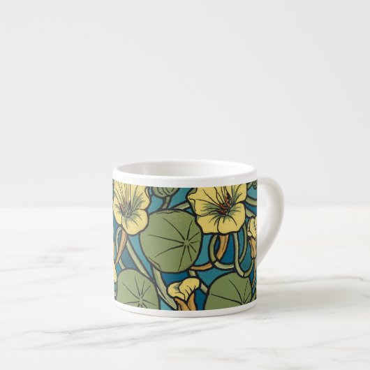 Blauw gele Nasturtium Flower Nouveau Pattern Espresso Kop (Voorkant rechts)