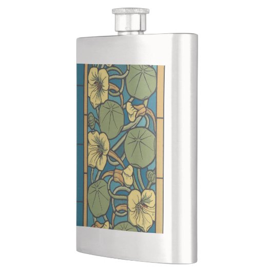 Blauw gele Nasturtium Flower Nouveau Pattern Heupfles (Links)