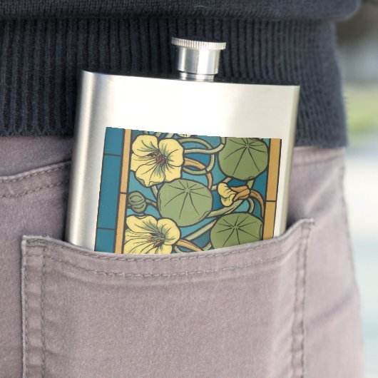 Blauw gele Nasturtium Flower Nouveau Pattern Heupfles (Voorbeeld)