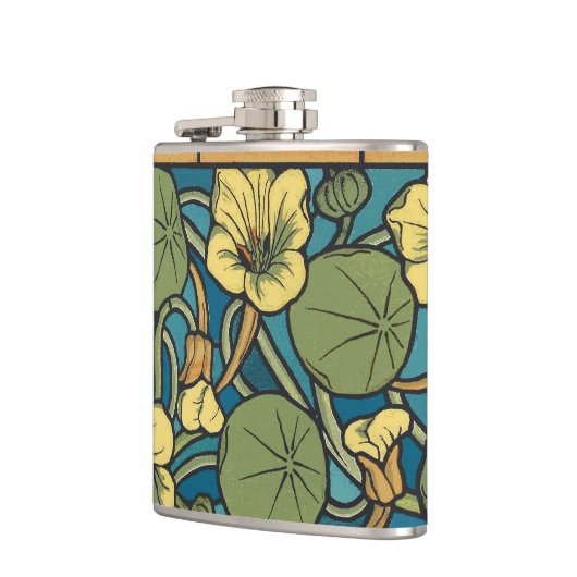 Blauw gele Nasturtium Flower Nouveau Pattern Heupfles (Links)