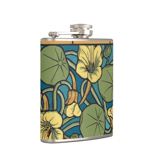 Blauw gele Nasturtium Flower Nouveau Pattern Heupfles (Rechts)