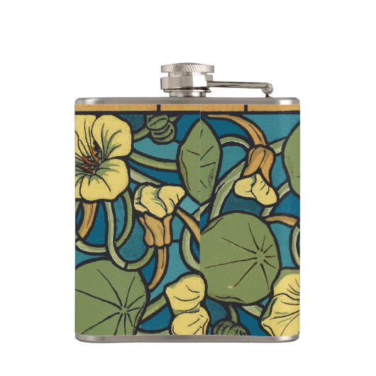 Blauw gele Nasturtium Flower Nouveau Pattern Heupfles (Achterkant)