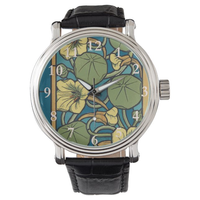 Blauw gele Nasturtium Flower Nouveau Pattern Horloge (Voorkant)