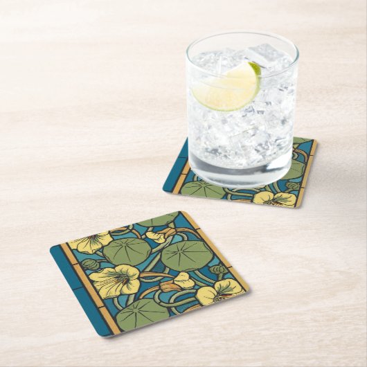 Blauw gele Nasturtium Flower Nouveau Pattern Kartonnen Onderzetters (Insitu)