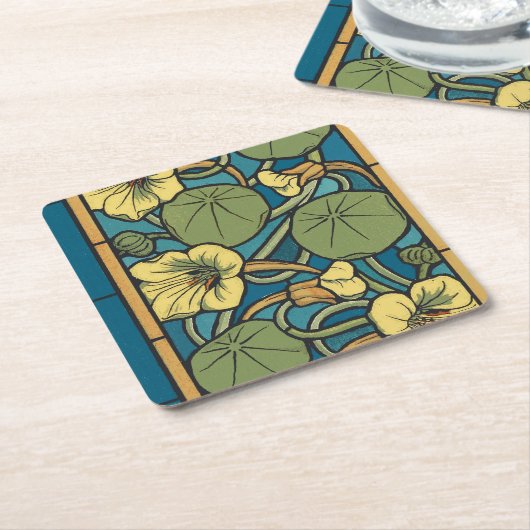 Blauw gele Nasturtium Flower Nouveau Pattern Kartonnen Onderzetters (Schuin)