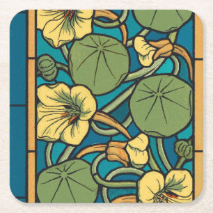 Blauw gele Nasturtium Flower Nouveau Pattern Kartonnen Onderzetters