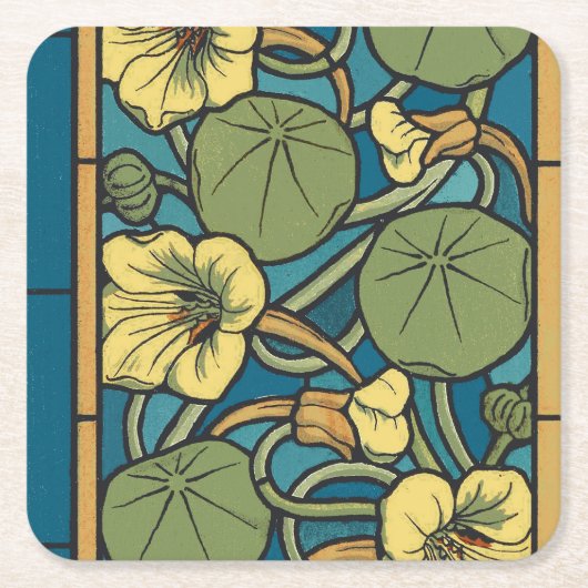 Blauw gele Nasturtium Flower Nouveau Pattern Kartonnen Onderzetters (Voorkant)