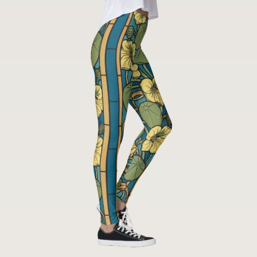 Blauw gele Nasturtium Flower Nouveau Pattern Leggings (Rechts)