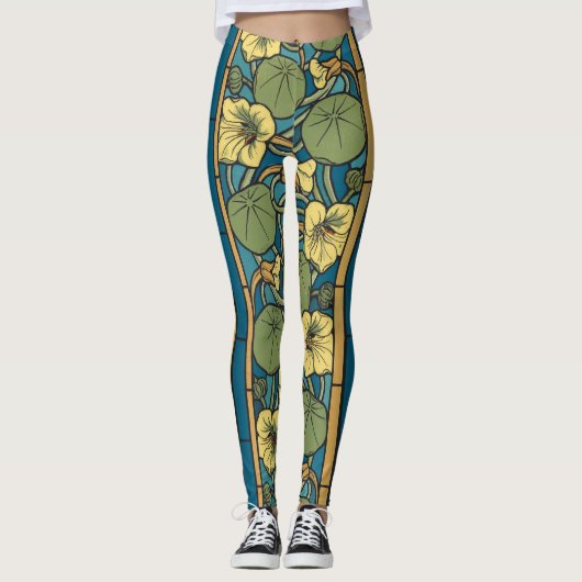 Blauw gele Nasturtium Flower Nouveau Pattern Leggings (Voorkant)