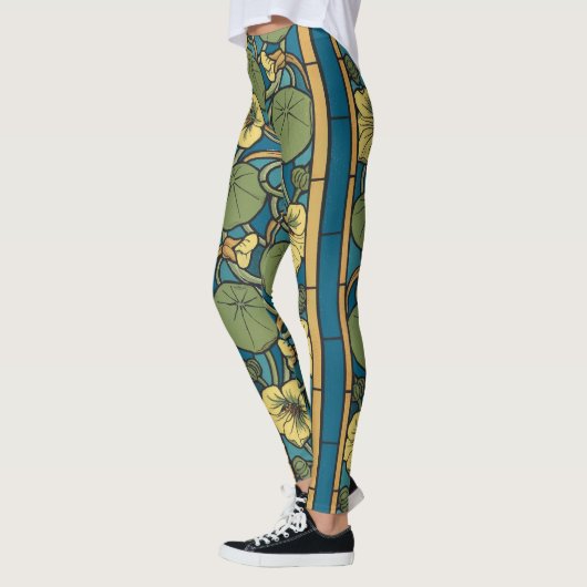 Blauw gele Nasturtium Flower Nouveau Pattern Leggings (Links)