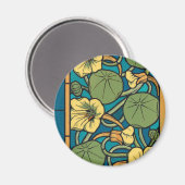 Blauw gele Nasturtium Flower Nouveau Pattern Magneet (Voorkant / Achterkant)