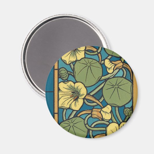Blauw gele Nasturtium Flower Nouveau Pattern Magneet (Voorkant / Achterkant)