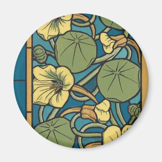 Blauw gele Nasturtium Flower Nouveau Pattern Magneet (Voorkant)