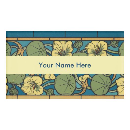 Blauw gele Nasturtium Flower Nouveau Pattern Naambadge (Voorkant)