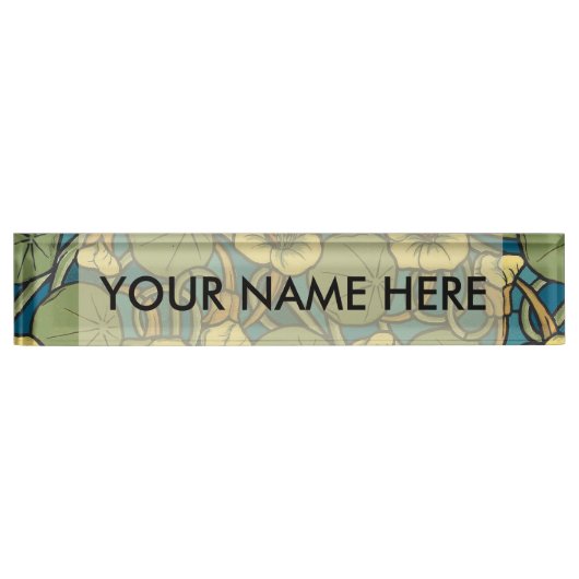 Blauw gele Nasturtium Flower Nouveau Pattern Naambordje (Voorkant)