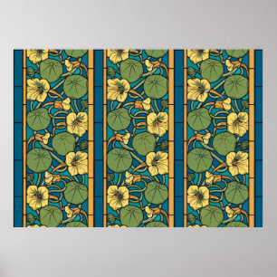 Blauw gele Nasturtium Flower Nouveau Pattern Poster