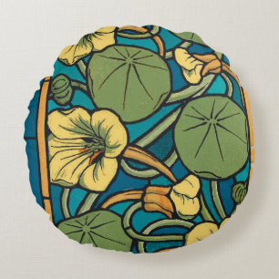Blauw gele Nasturtium Flower Nouveau Pattern Rond Kussen