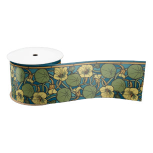 Blauw gele Nasturtium Flower Nouveau Pattern Satijnen Lint