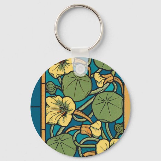 Blauw gele Nasturtium Flower Nouveau Pattern Sleutelhanger (Voorkant)
