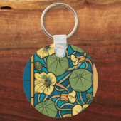 Blauw gele Nasturtium Flower Nouveau Pattern Sleutelhanger (Voorkant)